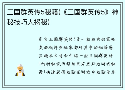 三国群英传5秘籍(《三国群英传5》神秘技巧大揭秘)